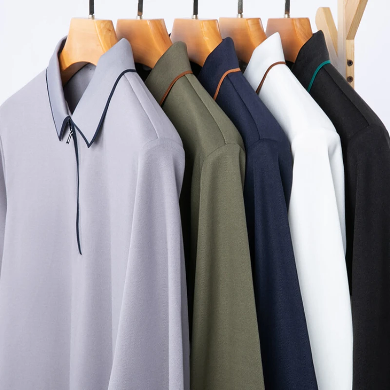 High-quality solid color men's stretchy business casual polo shirt, half-zip daily commuting sweater.