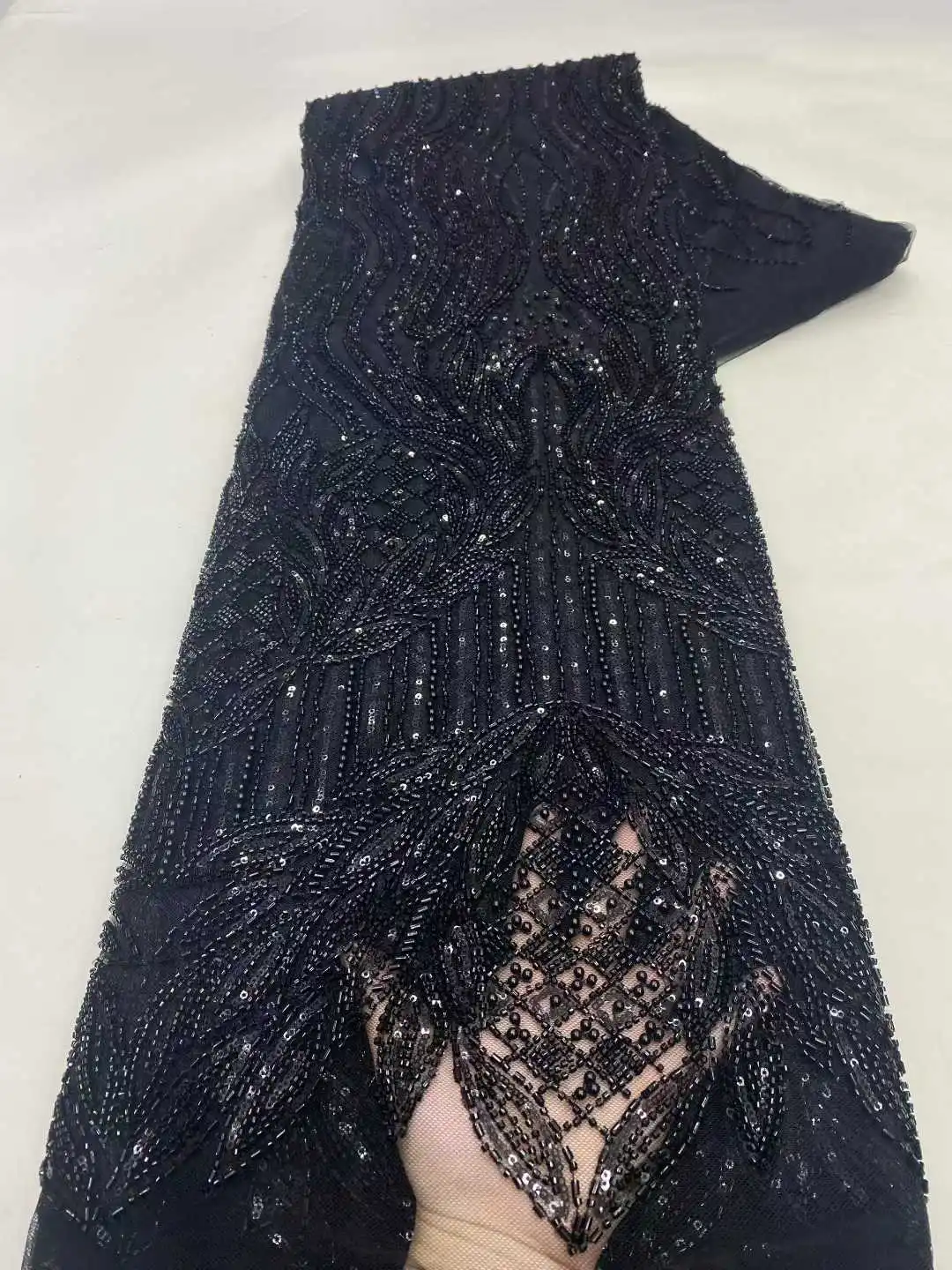 

Black African Groom Heavy Beaded Lace Fabric High Quality French Nigerian Sequin Lace Fabric Bridal Party Wedding Dress Material