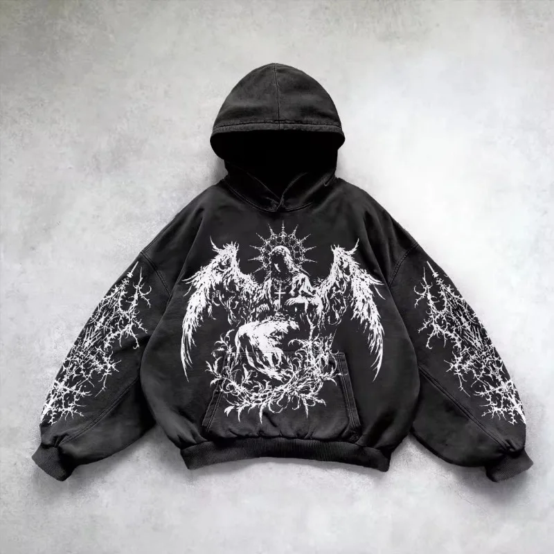 6xl Retro Gothic Evil Angel Print Hip Hop Hoodie for Men Y2k Punk Casual Loose Pullover Women Streetwear Sweatshirt Hoodies