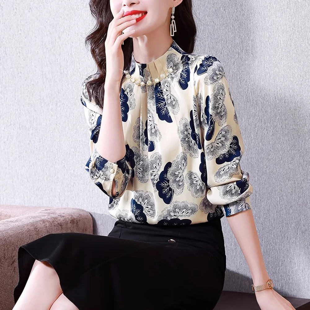 Fashion High Quality Women\'s Printed Blouses And Shirts Long Sleeve 2024 Autumn Tops Elegant Korean Style Beaded Casual Clothing