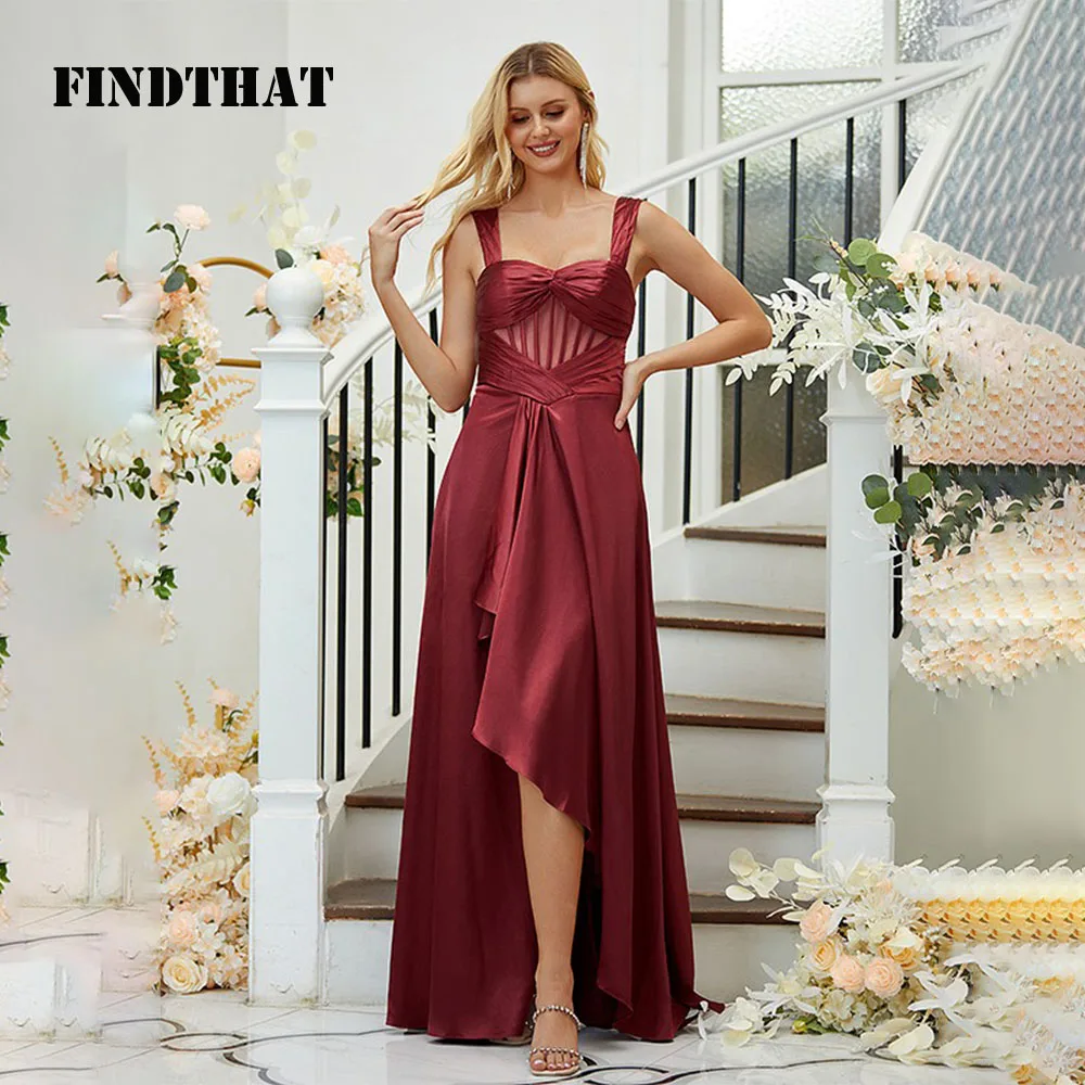 Findthat A-Line Satin Evening Formal Dress for Women Sweetheart Ruched Straps Asymmetrical Bridesmaid Party Gowns Customized