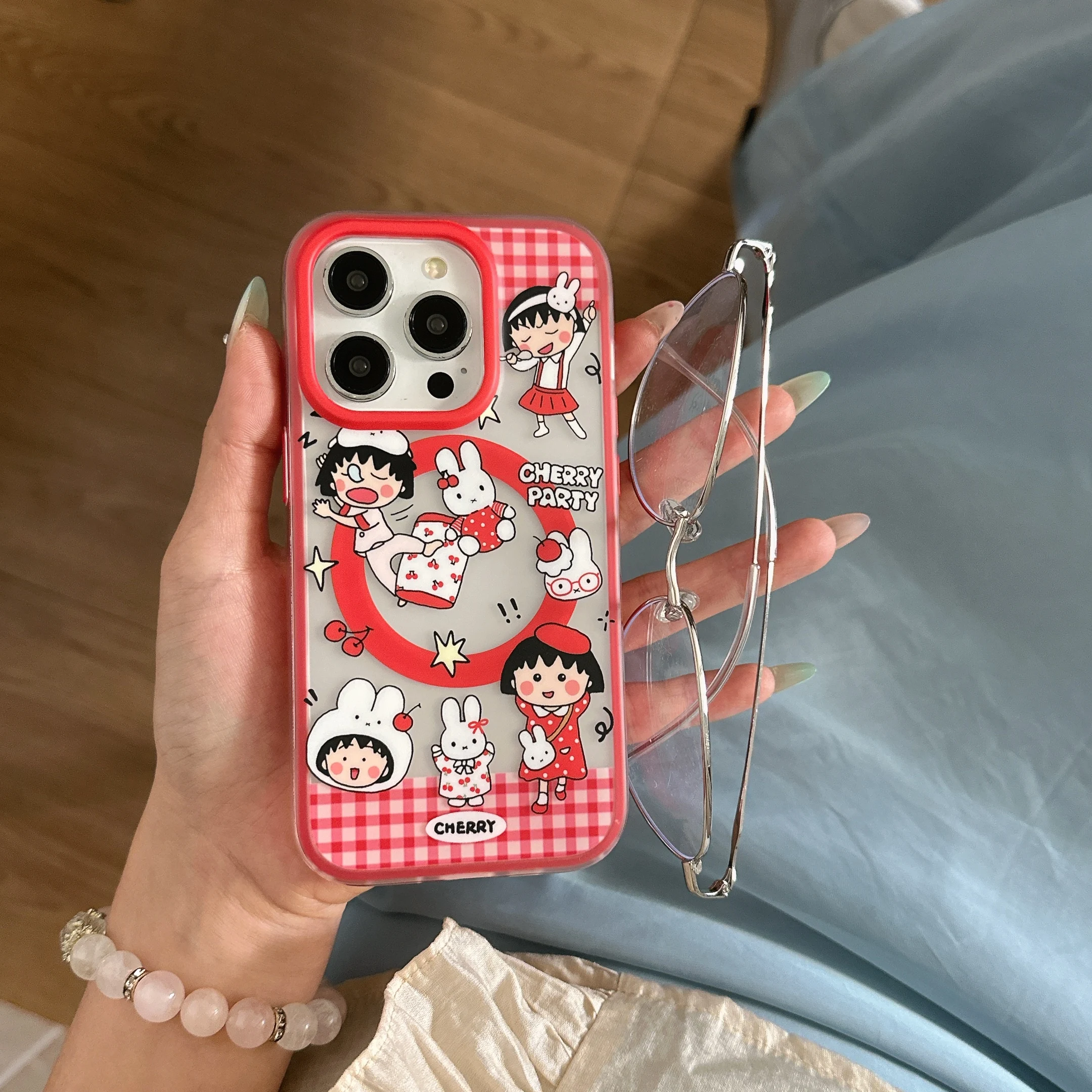 Super Kawaii Red Transparent For Chibi Maruko-chan Shell Bracket High-Quality Phone Case For iPhone16 14 15 Pro Max Anti-Drop