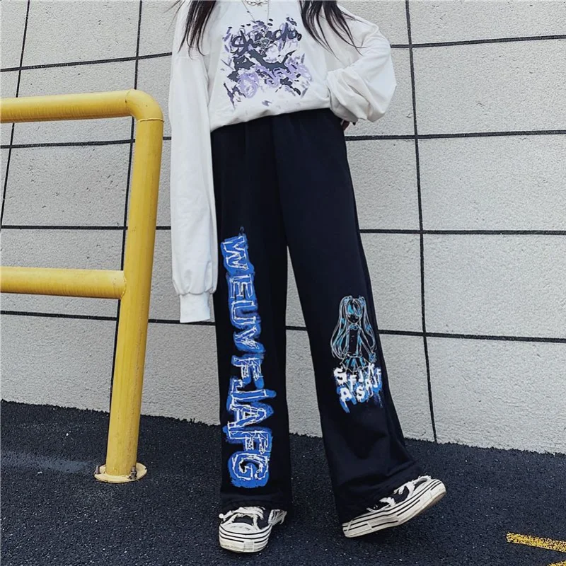 Streetwear Fashion Women Oversized Pants Hip Hop Vintage Anime Print Spring Autumn New Casual High Waist Loose Wide Leg Trousers