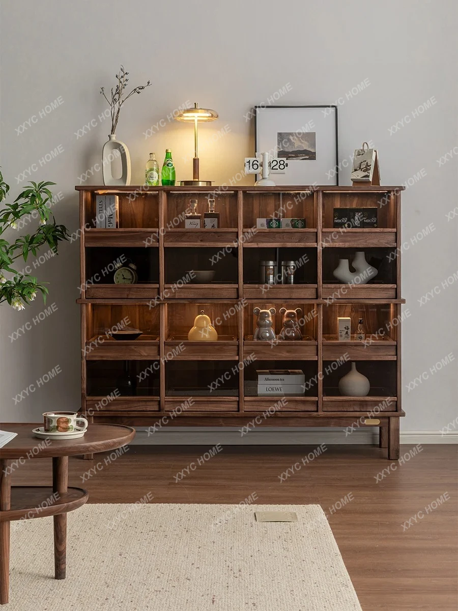 black walnut solid wood bogu frame figure Wenwan tea set storage glass display chest