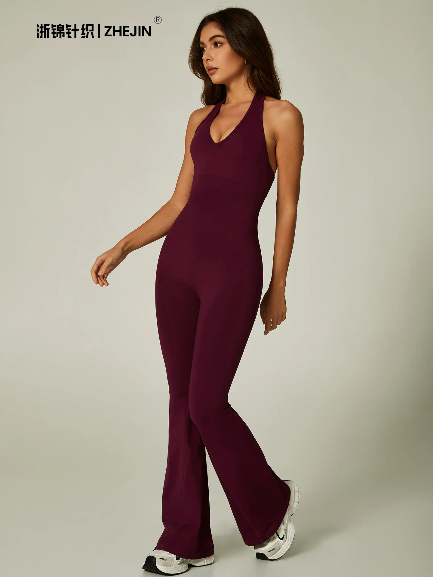 Sexy V Neck Halter Jumpsuit Women Flare Leg Yoga Romper Backless One Piece Gym Workout Bodysuit Tummy Control Fitness Activewear