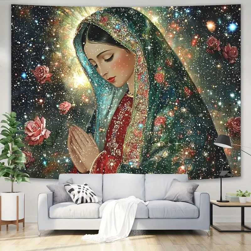 VIKAMA Starry Sky Rose Virgin Mary Vintage Religious Tapestry Background Prayer Room Gentle Room Decoration