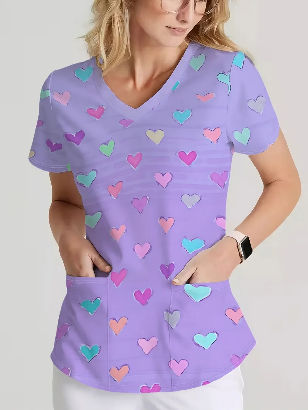 Scrubs Uniforms Woman Cute All-Over Print Women Short Sleeve V-Neck T-Shirt Colorful Heart Pattern Print Women Surgical Uniform