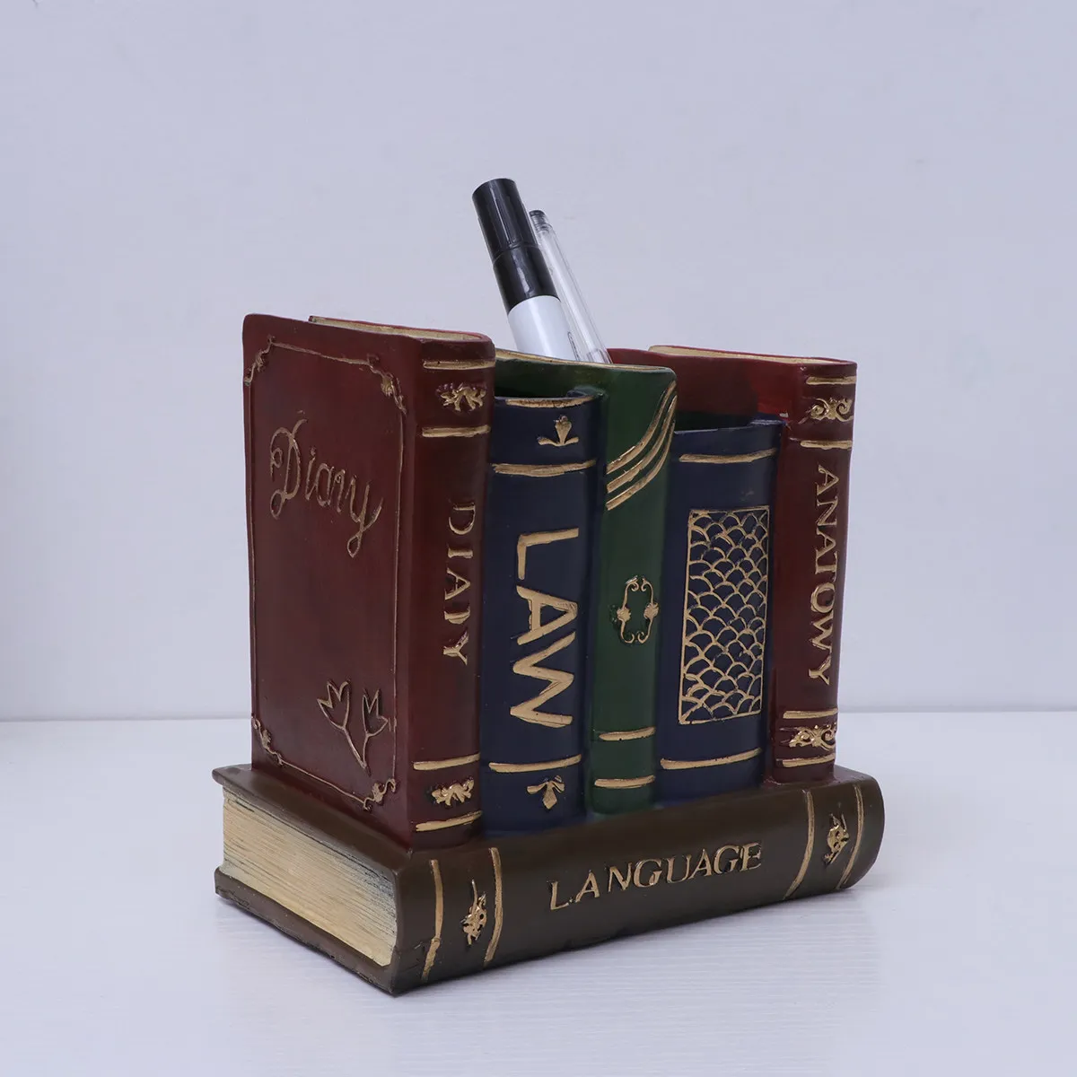 retro-resin-book-shaped-pen-holder-desktop-decoration-vintage-craft-miniature-stylish-red-resin-pencil-storage