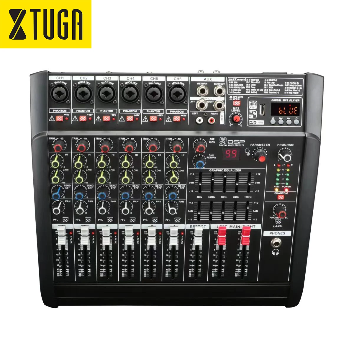 

Xtuga PMX402D Karaoke Equalizer Sound Live 4/6 Channel 99 DPS Dual Equilibrium Professional Amplifier Audio Power Mixer 250w