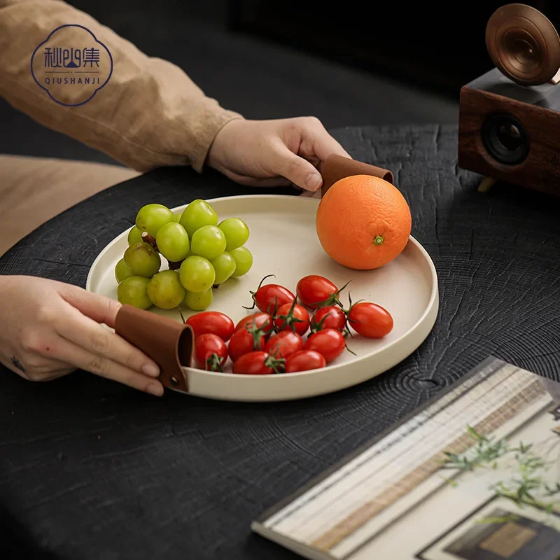 

Wabi-Sabi Gray Tea Tray, Vintage Leather Handle Fruit Plate, Artistic Snack Storage Dish for Home Use