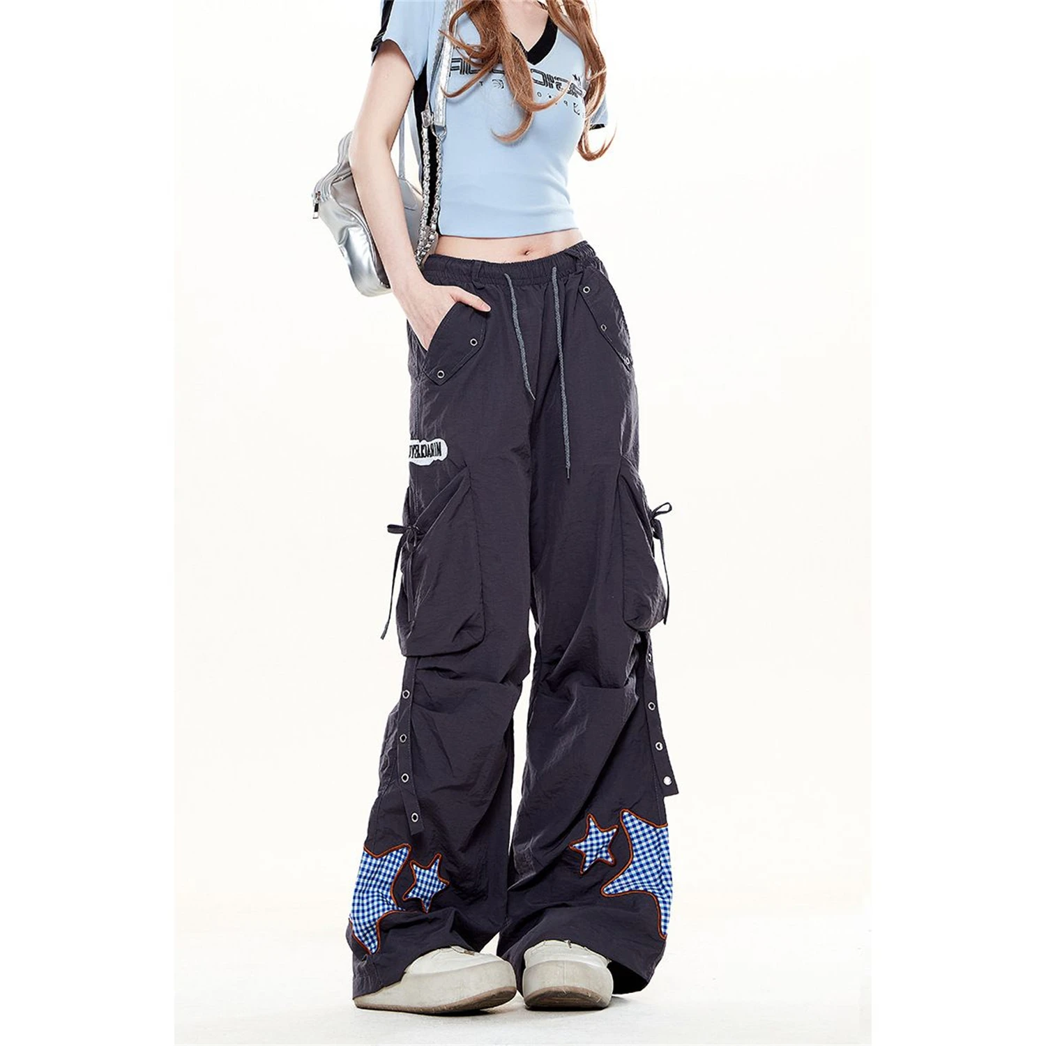 Women's Wide Leg Cargo Pants Fashion Star Gingham Patch Multiple Pockets Drawstring High Waist Y2K Casual Streetwear Trousers