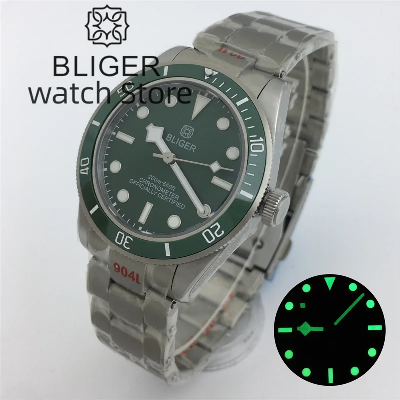 

Bliger 39mm NH35PT5000 Movement Green dial Snowflake hands Automatic Mechanical Diving Men's watch Dome glass no calendar window