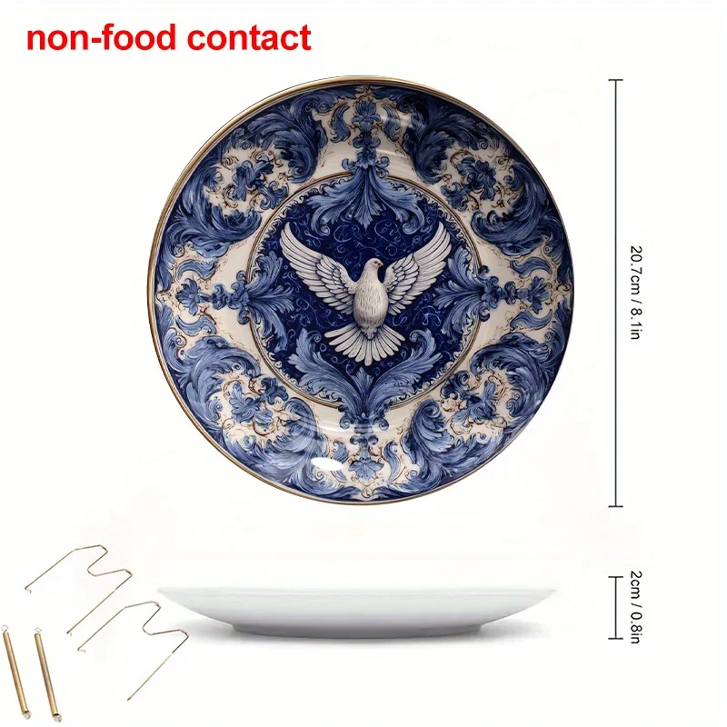 2D Flat, 8-Inch Round Chinese Blue and White Ceramic Plate - Ornate Bird & Floral Wall-Mountable Serving Tray with Black Stand,
