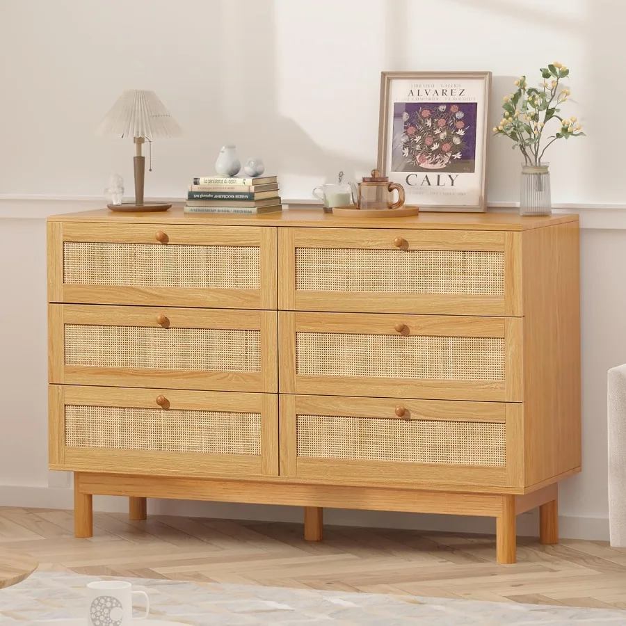 خزانة ذات 6 أدراج من الروطان لغرفة النوم 47.2 خزانة ذات أدراج من الروطان مع حامل تلفزيون مزدوج للتخزين لخزانة غرفة المعيشة Ha