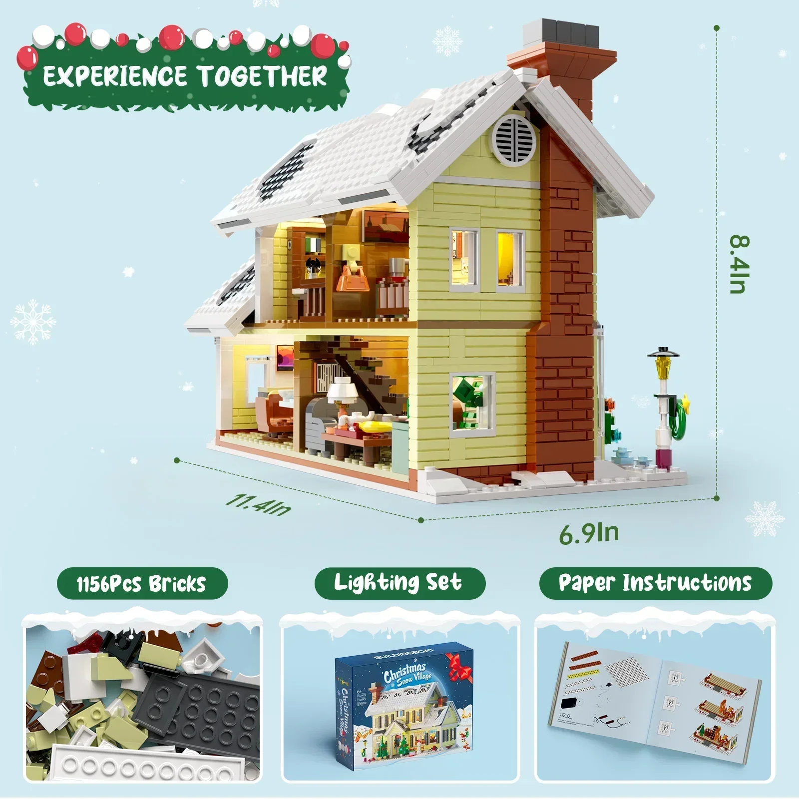 MOC Christmas Resort Snow House with Light Model Winter Christmas Snow Village Building Blocks Set DIY Kids Puzzle Toys Gift