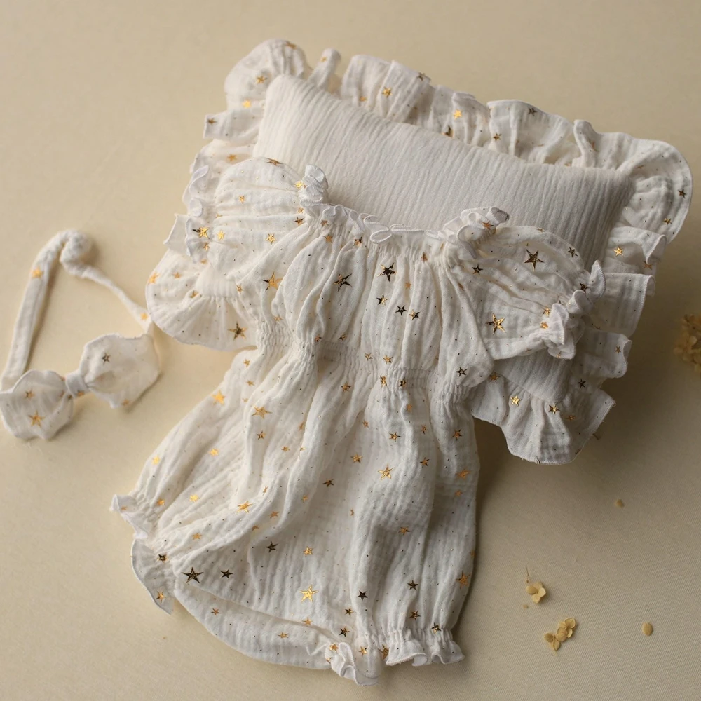 新生児写真撮影小道具女の赤ちゃん白モスリンフリルロンパースゴールドスタープリント写真撮影衣装幼児新生児小道具