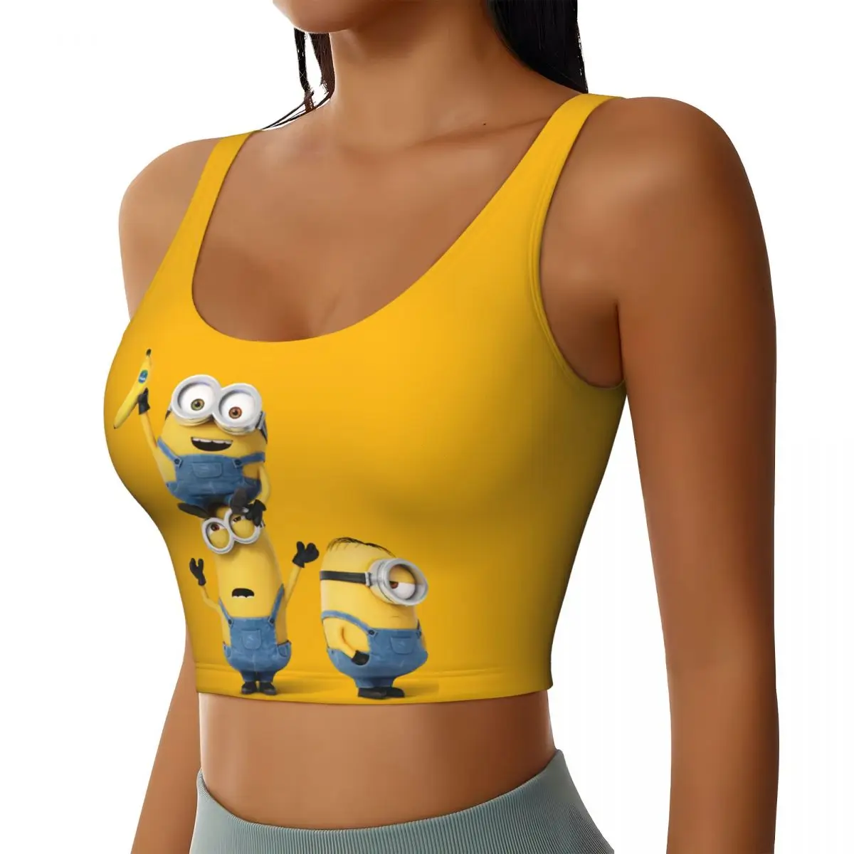 Custom Women Minion Cartoon Banana Sports Bras High Impact Gym Workout Running Crop Tank Tops