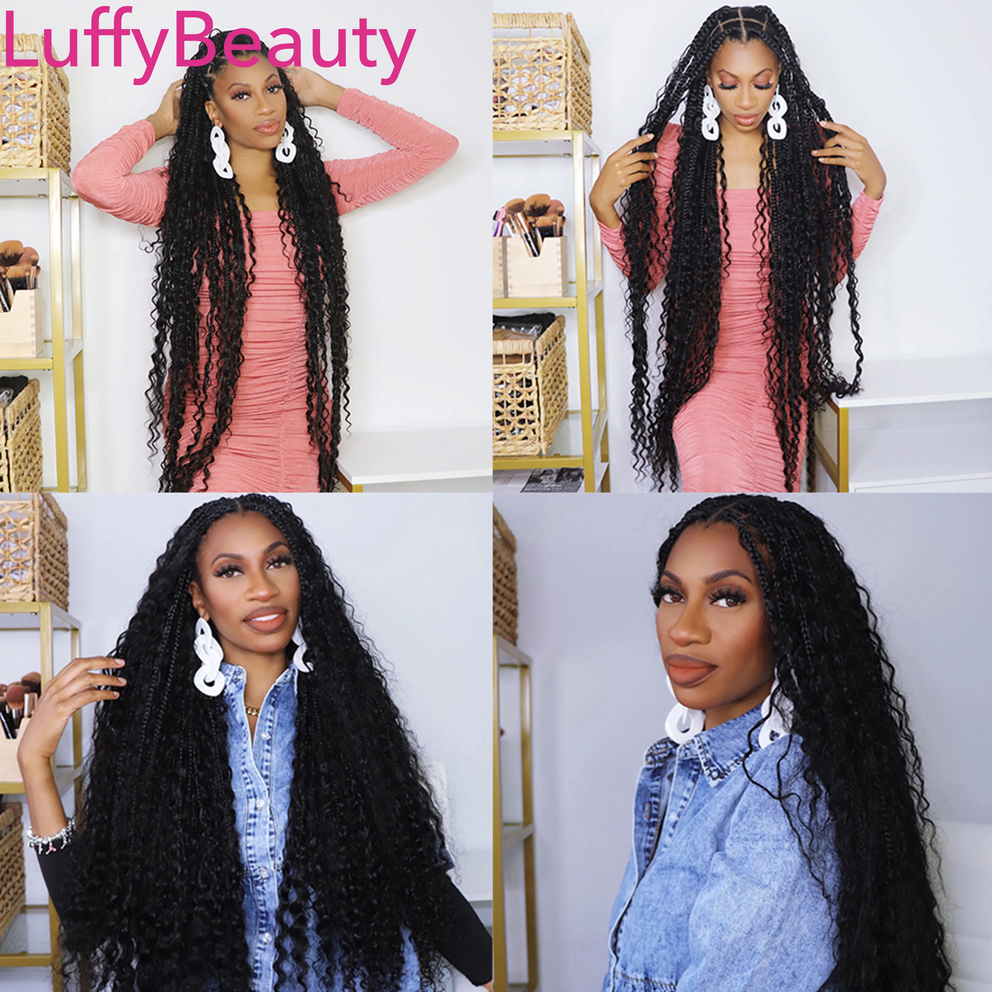 Crochet Boho Box Braids With Human Hair Curls Pre Looped Synthetic Braiding Hair Curly Full Ends Hair Extensions LuffyBeauty