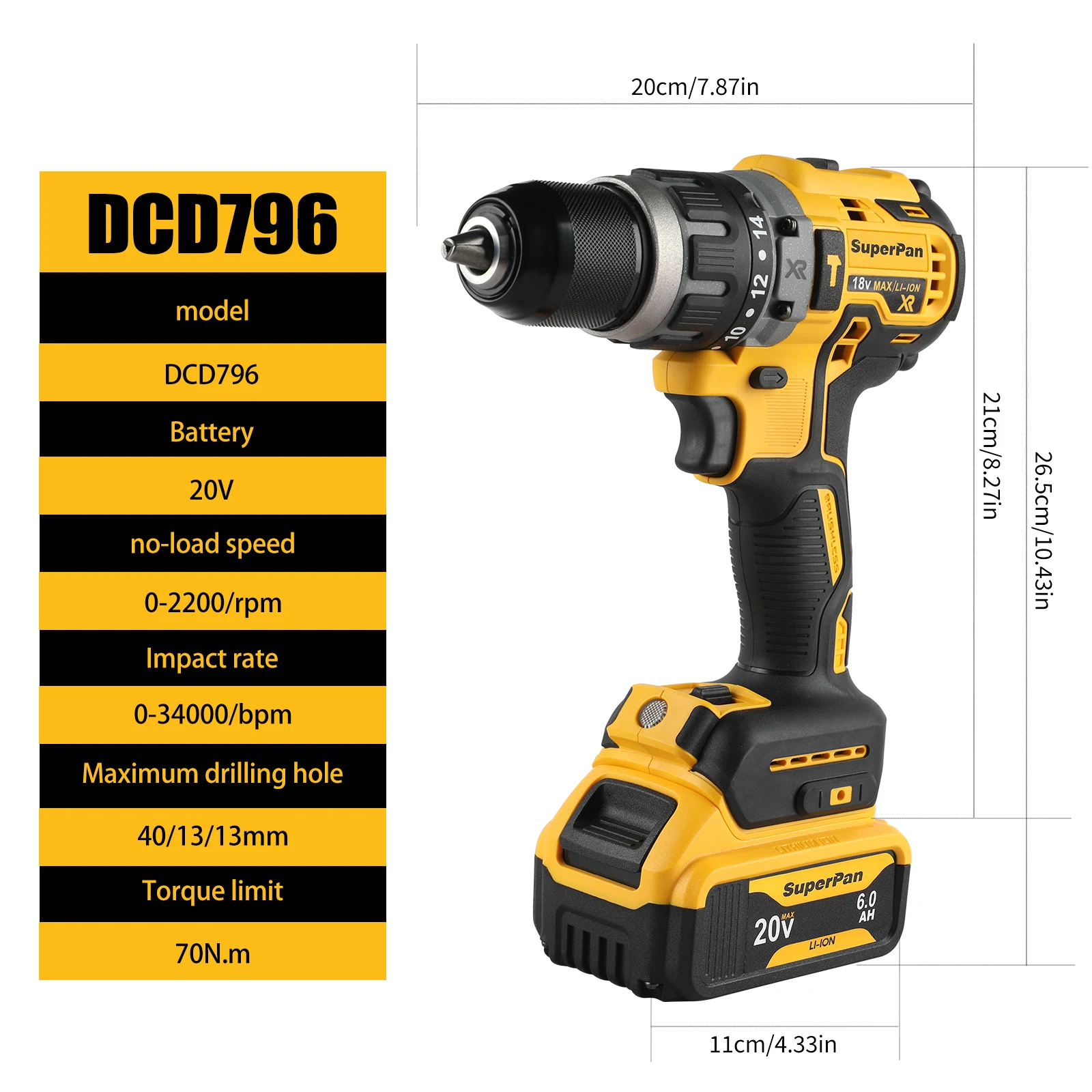 

SUPERPAN 796 20V Brushless Cordless Impact Drill, Rechargeable Portable Multifunctional Electric Power Tool