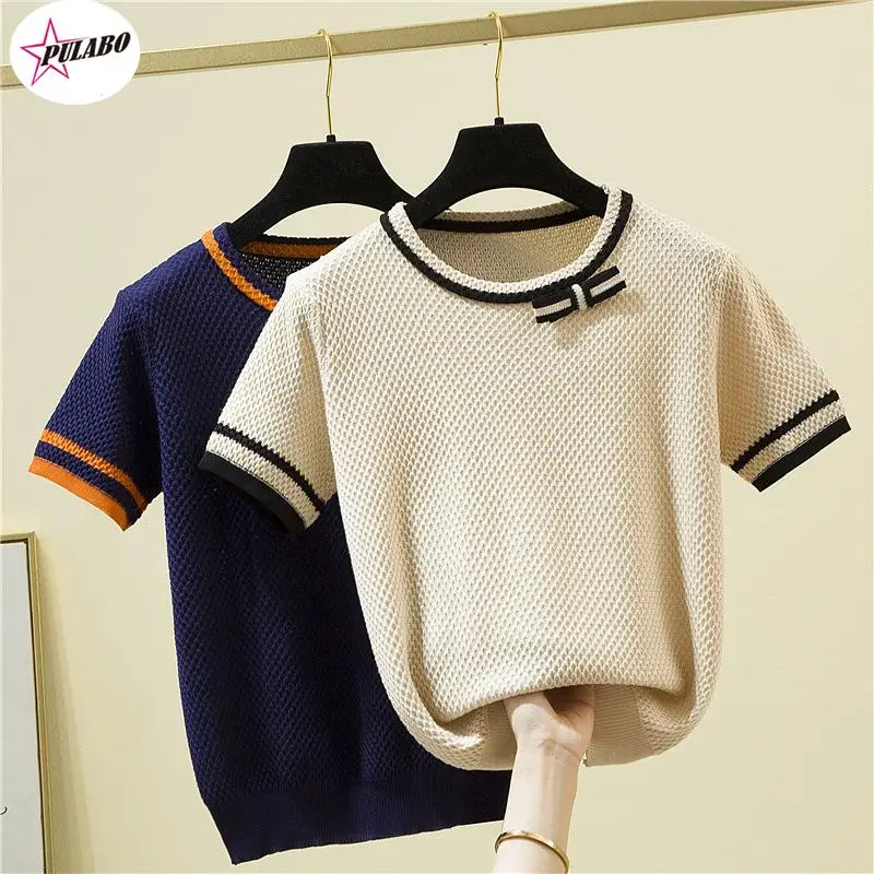 PULABO Knitted T Shirt Women Bow Patchwork Short Sleeve T-Shirt Korean Fashion Womens Clothing Summer Top Thin Tee Shirt Femme