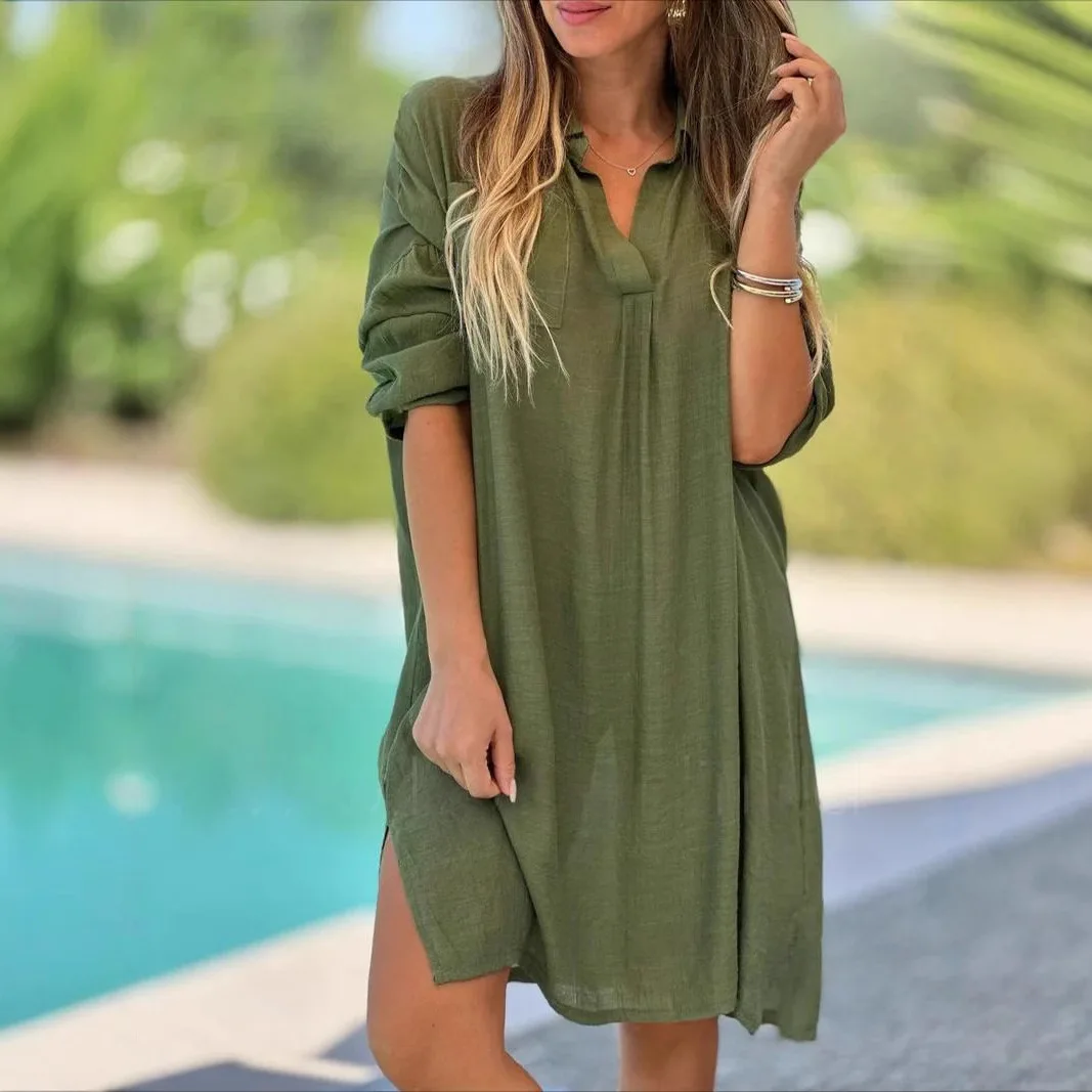 2023 Nieuwe casual lente zomer losse strand korte mouw effen kleur katoen linnen overhemdjurk