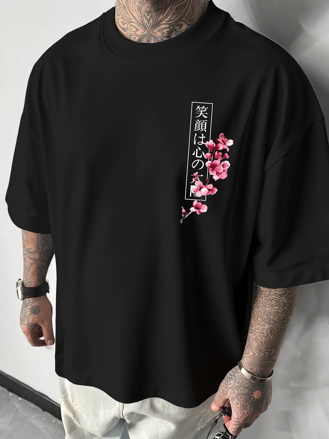 Men's T-shirt with Japanese Samurai Sword and Koi Fish Pattern - Featuring Cherry Blossoms and Chinese Characters