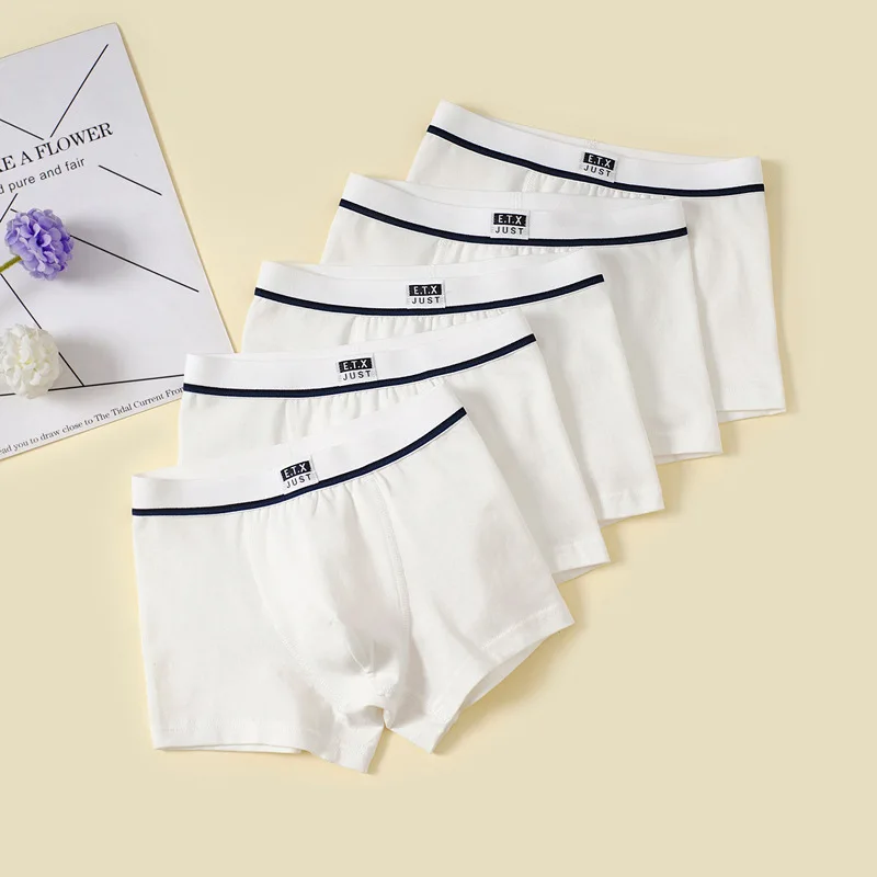 5PCS Boys Cotton Underwear Soft Boxer Shorts Pure White Breathable Underpants for Kids Teenage School Comfortable Child Clothes