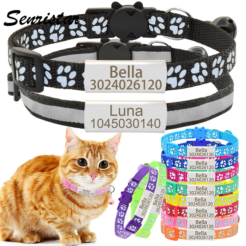 Personalized 2 Pack Reflective Nameplate Cat Collar Bell Custom Engraved Safety Breakaway Nylon Name Tag Cat Collar For Kitten