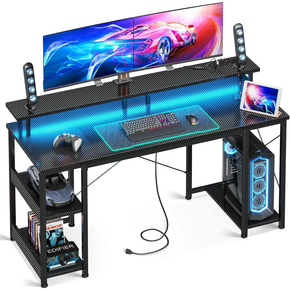 

55 inch Computer Desk with Power Outlets & LED Lights, Gaming Desk with Monitor Stand & Storage Shelves, Home Office Desk, Carb