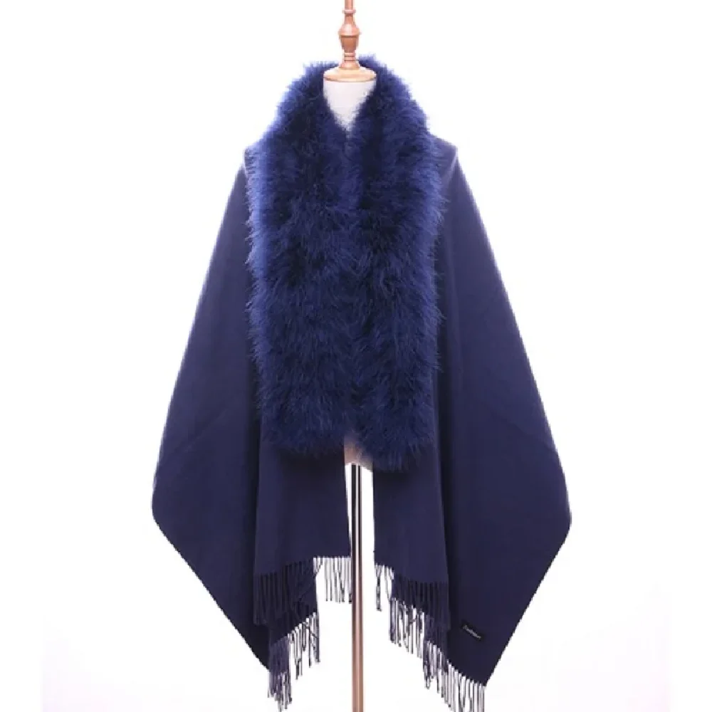 Women's Feather Ostrich Fur Collar Female Imitation Cashmere Winter Pashmina Coat Lady's Warm Soft Wraps Detachable Cloak Gray