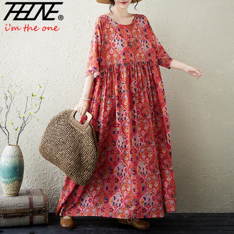 Dress Women Robe Vintage Mori Girl Style Vestidos Para Mujer Maxi Print Oversized Floral Loose Casual Cotton Linen Bohemian