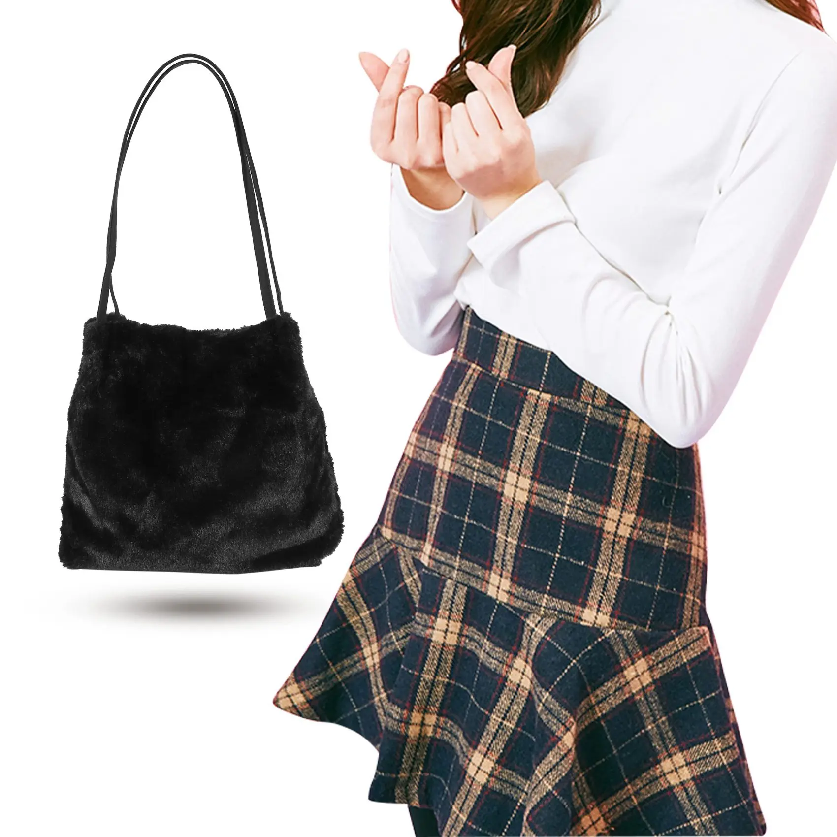 N89R 여성 구매자 가방 여성용 플러시 토트 숄더 백 푹신한 여성 핸드백 모피 숙녀 핸드 구매자 가방, 블랙