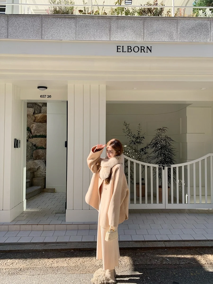 

Madofit Winter Ritual ort Double-Faced Woolen Coat Fur Collar One-Button Closure Long Sve Ladies' Faion Coat