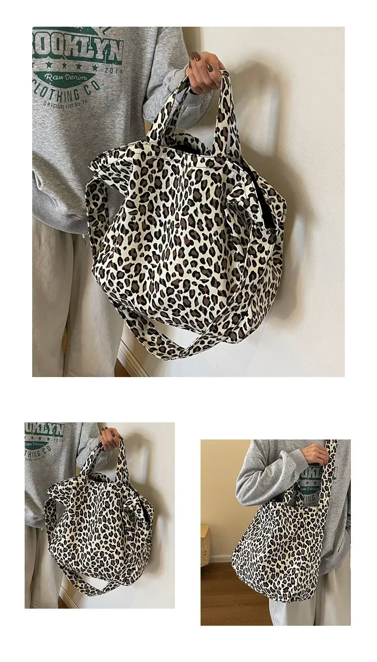 Light leopard print bag worn as an everyday shoulder bag
