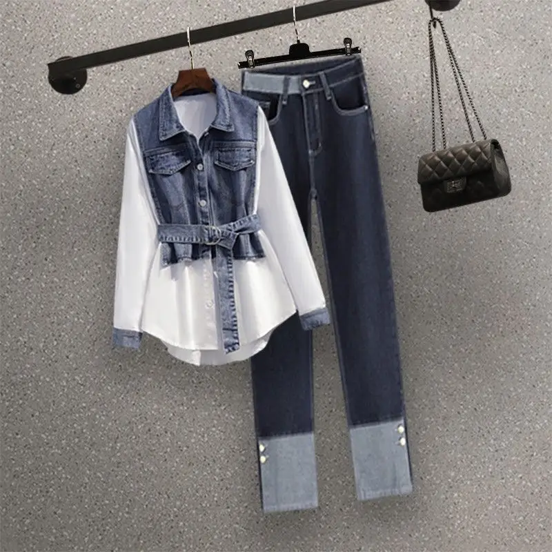 Set da donna primaverile e autunnale nuova edizione coreana che dimagrisce la camicia per ridurre l\'età della moda Pop Street Jeans Set a due pezzi