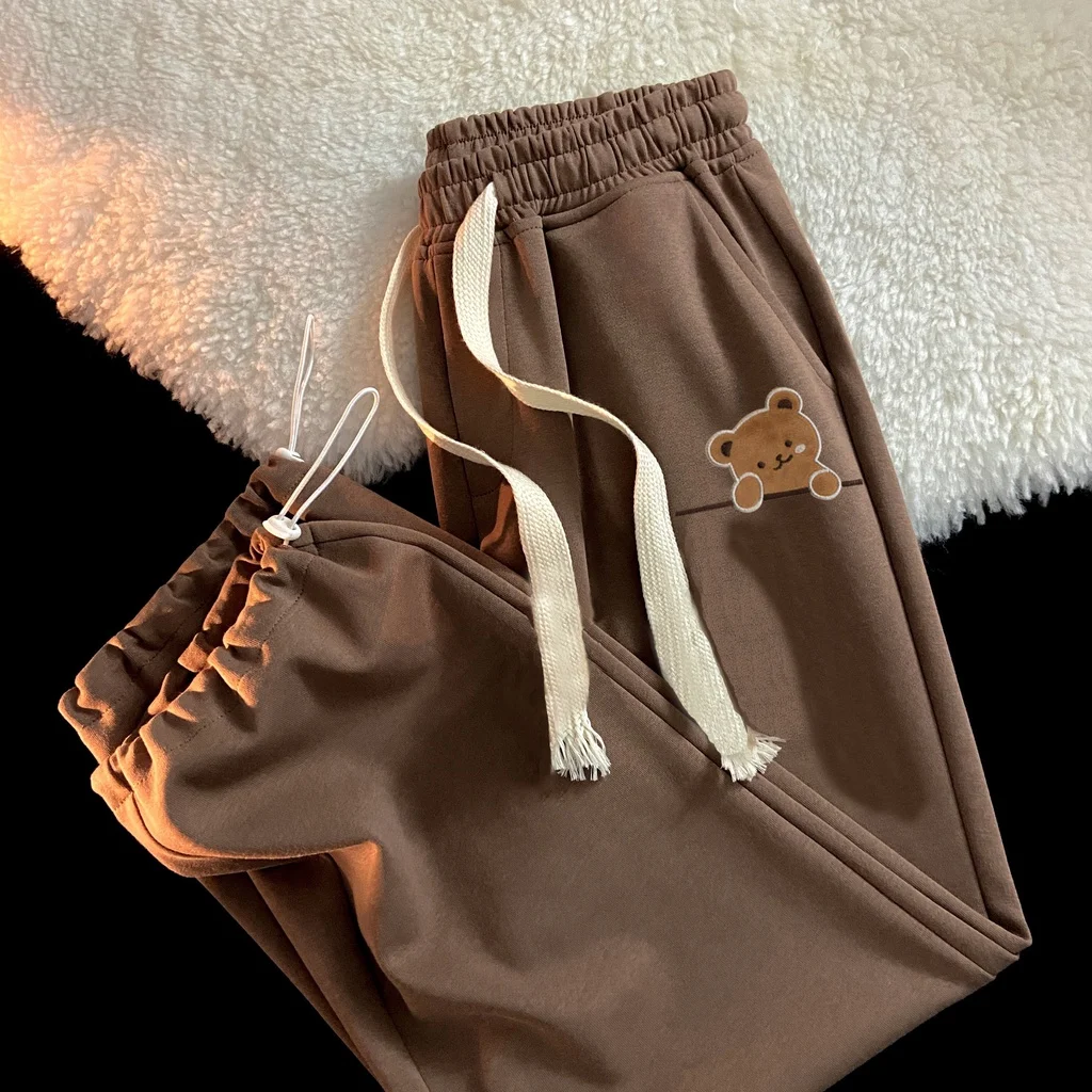 

Осенние повседневные брюки с милым медвежьим принтом на шнурке, новые женские брюки, простые спортивные спортивные штаны с прямыми штанинами, свободные широкие брюки