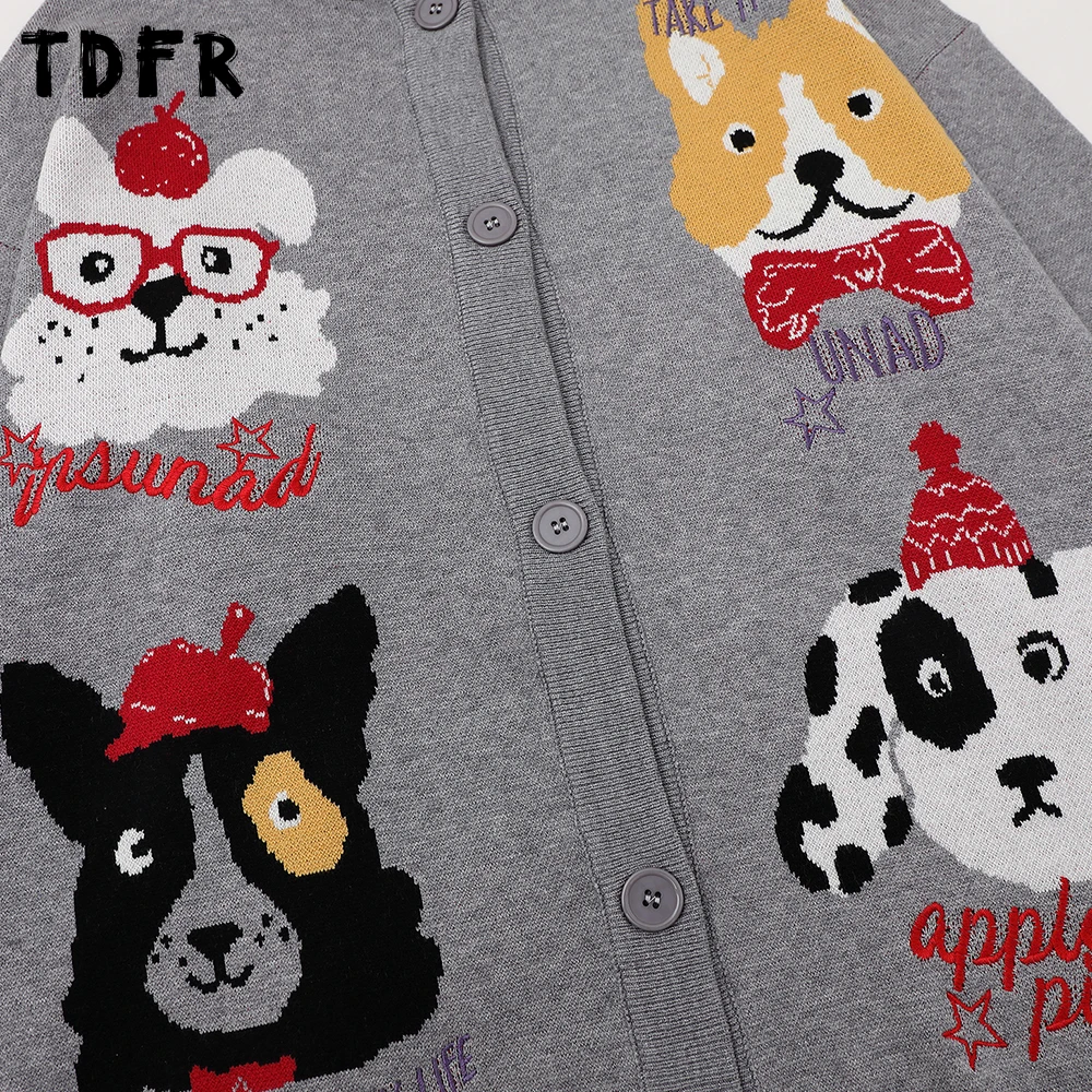 Suéter de Jacquard con dibujos de cachorros para hombre, suéter de punto Retro informal holgado de manga larga con cuello redondo y una botonadura, Otoño e Invierno