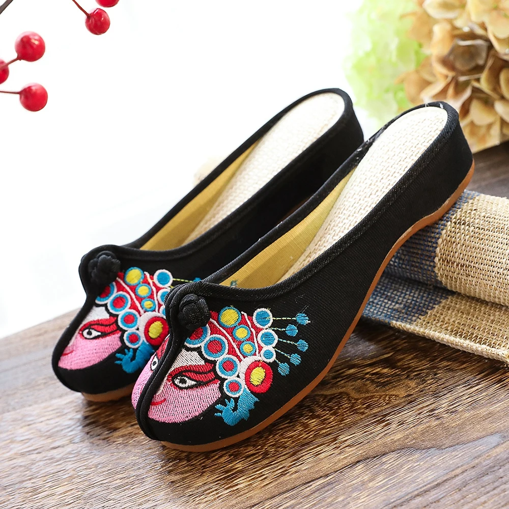 Veowalk Handmade Cotton Fabric Slipper Women Beijing Opera Embroidery Slippers Vintage Summer Flat Heel Shoes Zapatos Mujer