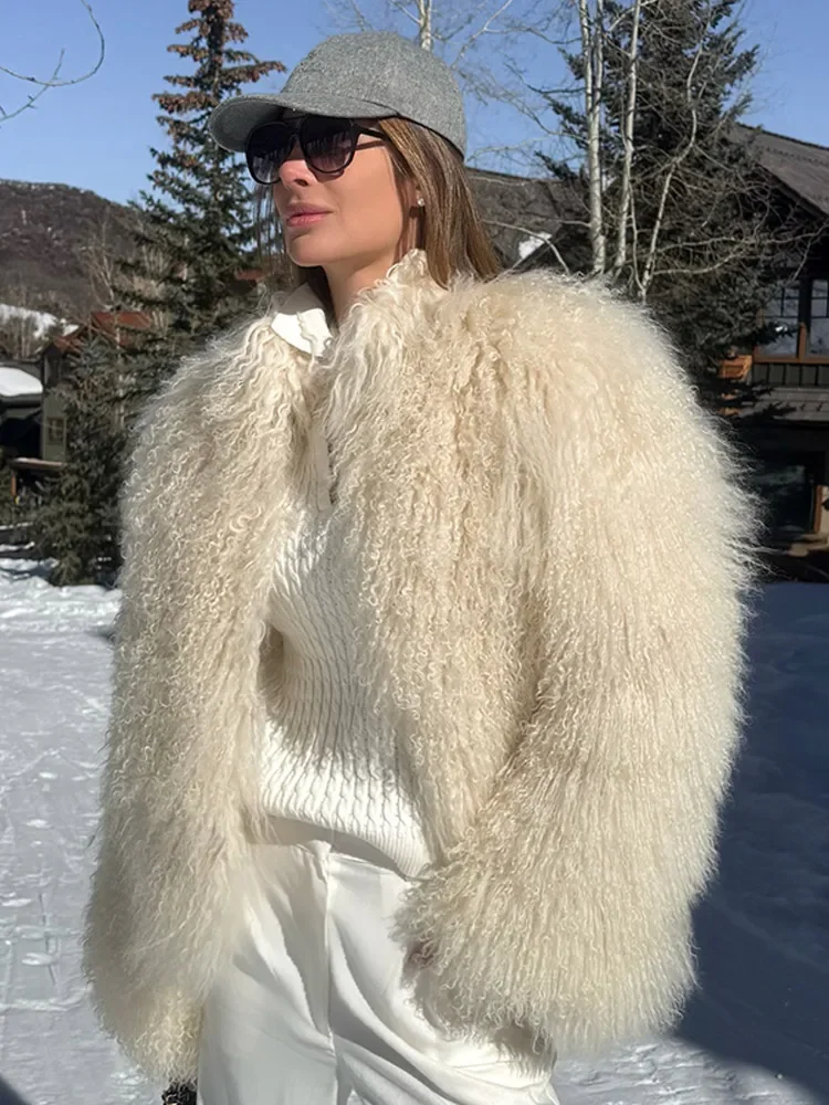 الفاخرة الأخضر رقيق فو الفراء سترة المرأة موضة التلبيب كم طويل فضفاض معطف دافئ 2025 الشتاء سيدة شارع العليا ملابس خارجية #4