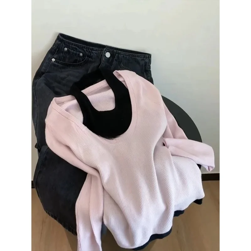 

Korean Sle Long Sve Knitted Top Loose Fit Color Blo Girl's Faion Early Autumn New Arrival Versatile Loose T-irt