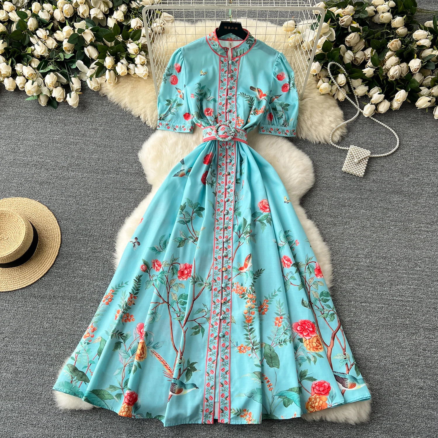 

Elegant Women Summer French Style Stand Up Collar with Bubble Sleeves Cinched Waist Large Swing Elegant Printed Long Dress