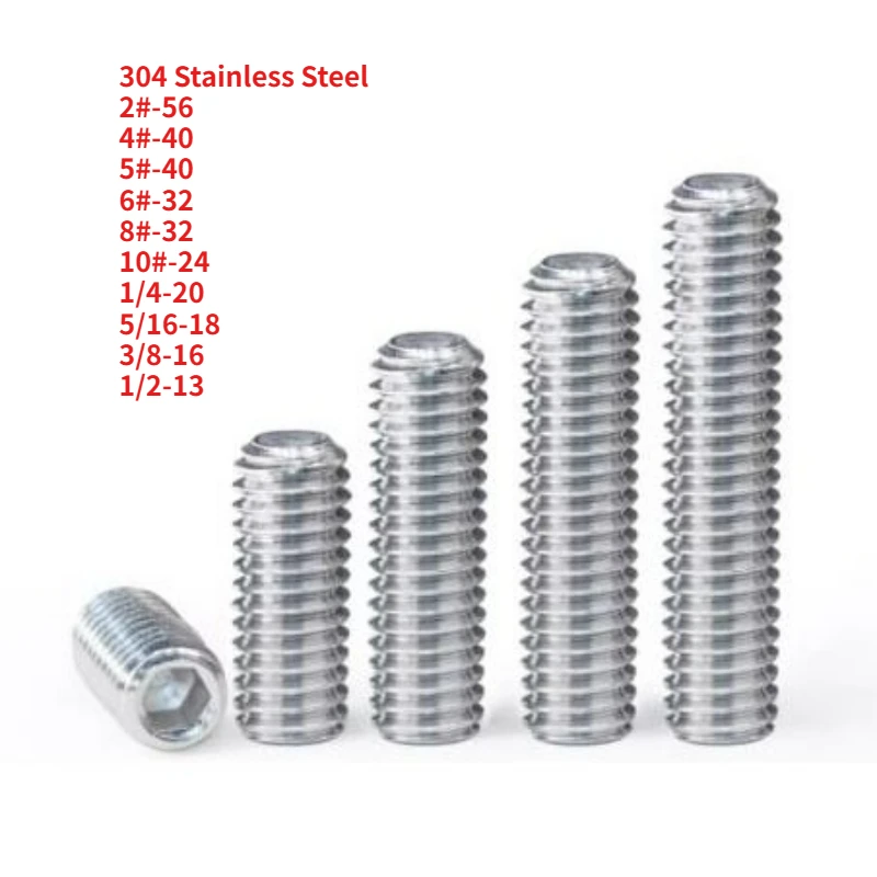 UNC UNF 2#-56 4#-40 5#-40 6#-32 To 1/2-13 304 Stainless Steel Hex Hexagon Socket Allen Cup Point Grub Headless Bolt Set Screw