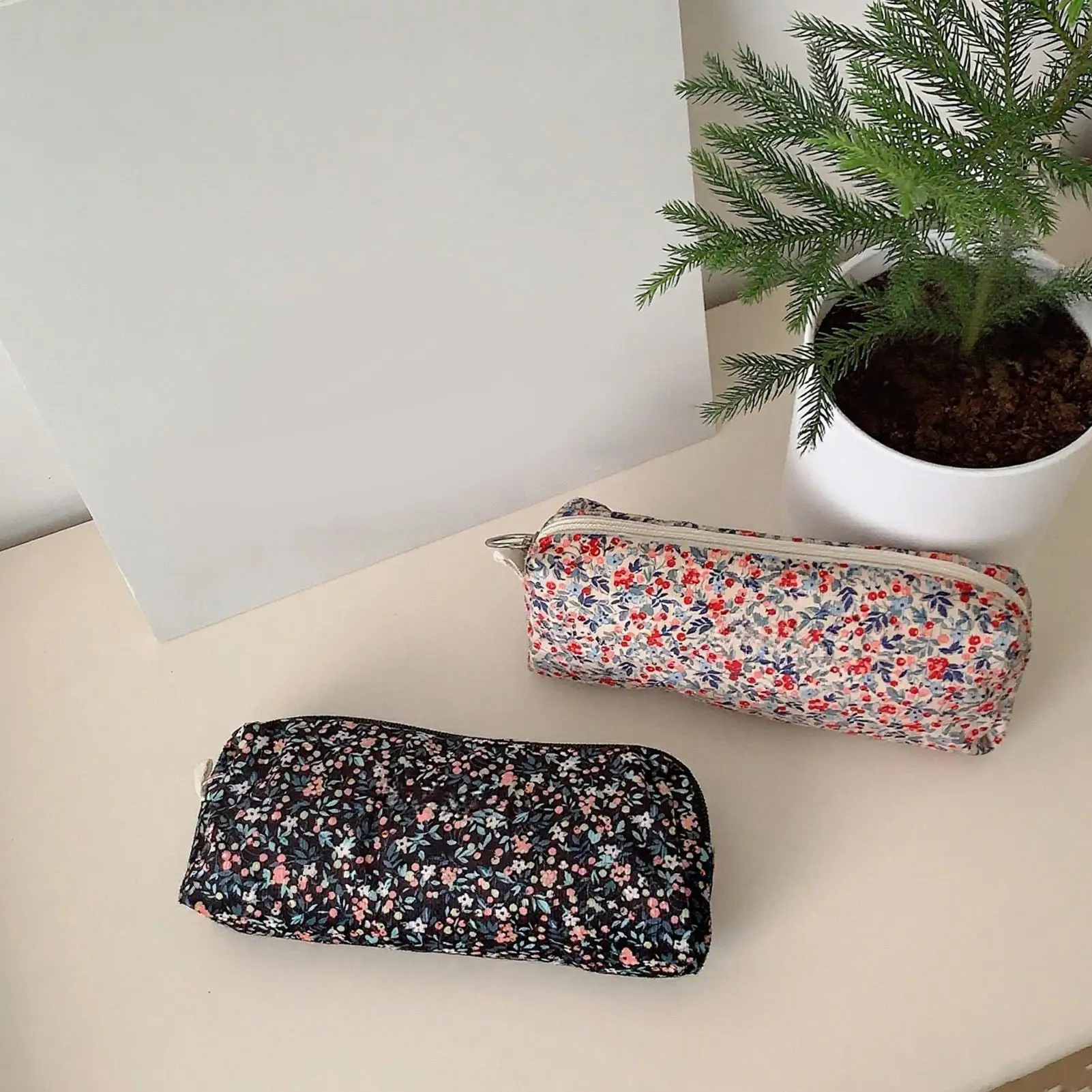 Pencil Pouch Corduroy 2 Pieces Corduroy Makeup Bag 3D Floral Embroidery Holder Organizer Box For Stationery School College