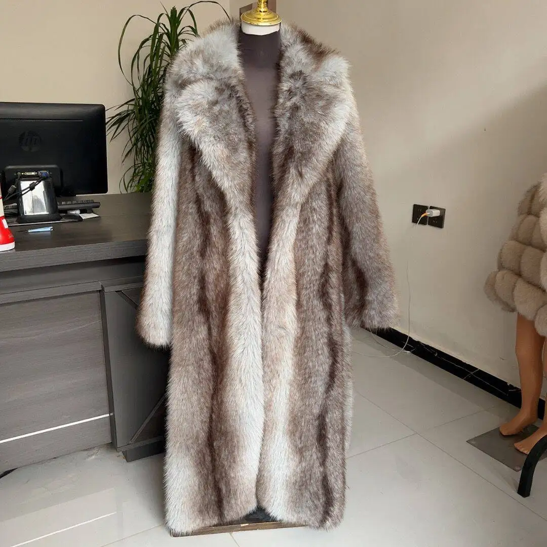 Long Faux Fur Coat Women's with Black Imprint and Large Collar for Women in Winter Long Faux Fur Jacket with Waistband Design