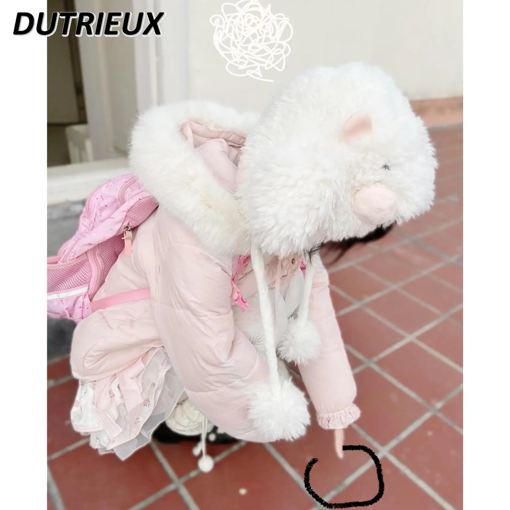 Winter New Sweet Cute Girls Pink Hooded Cotton Coat Loose Warm Zipper Clothes Slimming Long Sleeve Parkas Jacket for Women