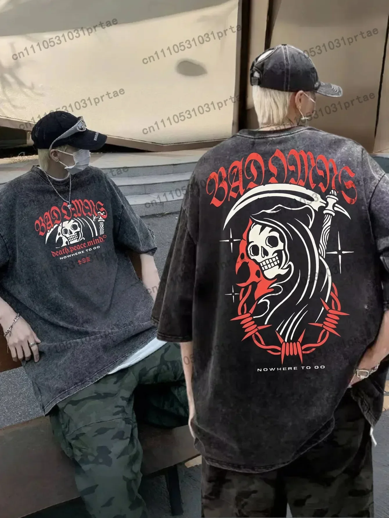 Vintage Washed Oversized Black Tshirt Graphic Men Women Clothing Grim Reaper Skull Barbed Wire Crosses Band Name Text Bad Omen B