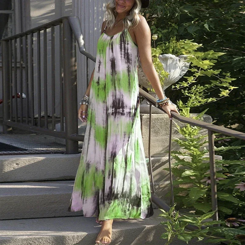 Vintage Tie-Dye gestreiften Druck Schlinge langes Kleid Frauen Frühling V-Ausschnitt rücken frei Boho Maxi kleid Sommer ärmelloses lockeres Strand kleid