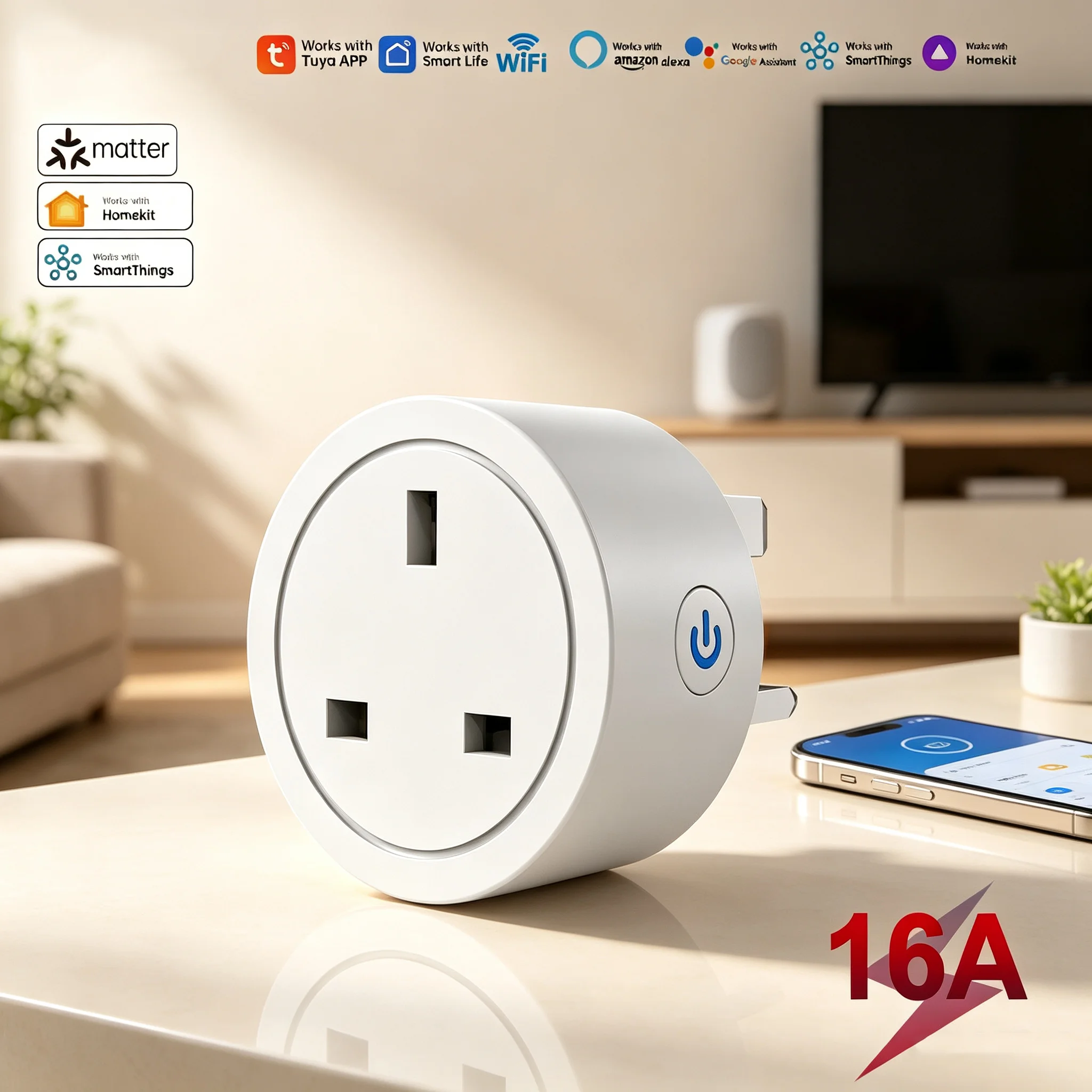Matter 16A Smart Socket UK WiFi Smart Plug Mini Home Appliance Outlet Voice App Control Work with Alexa Google Home HomeKit Siri