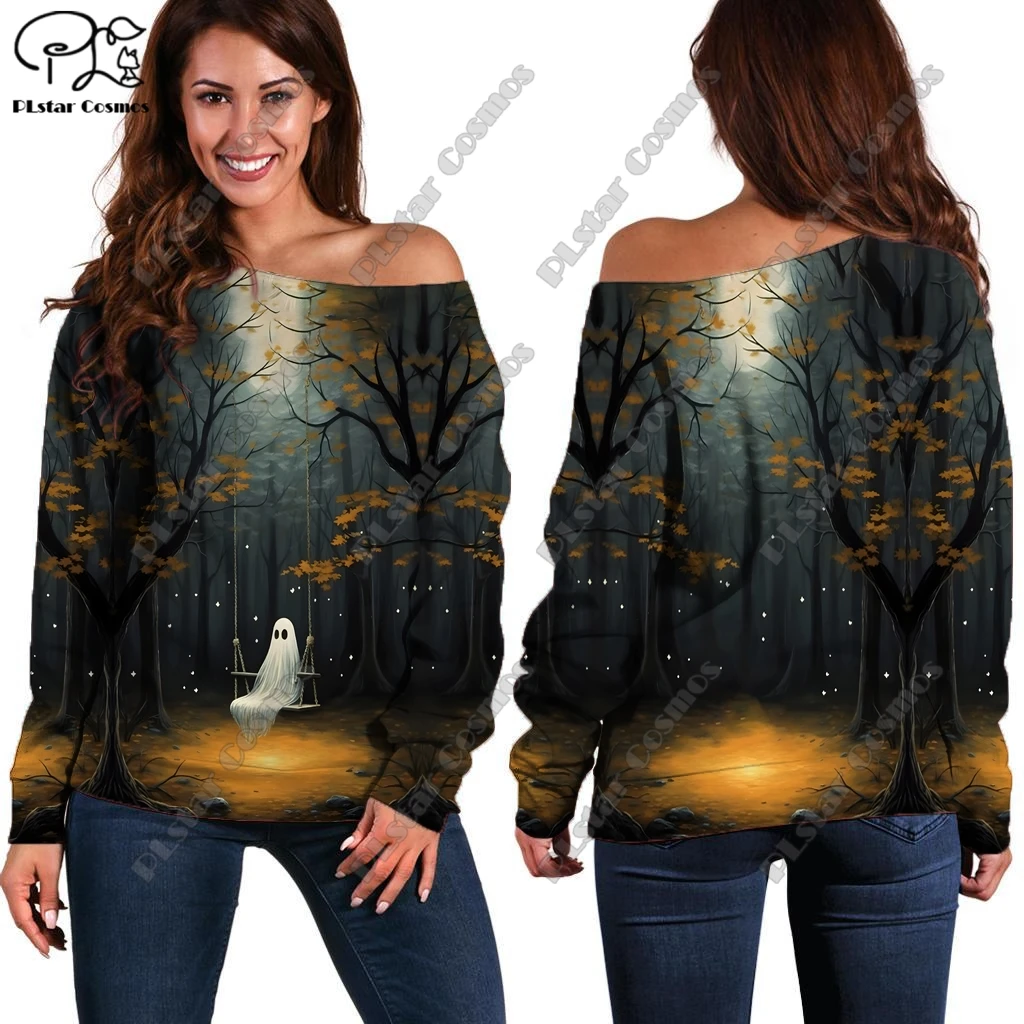 

3D printing Halloween series horror print pattern women's long-sleeved off-shoulder sweatshirt casual long-sleeved K-1