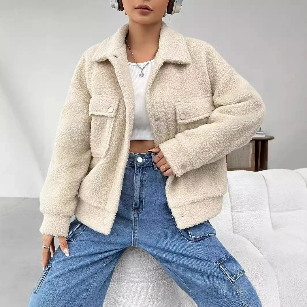 

Faionable Pure Color ket Lamb Velvet Jaet Women's Outerwear Autumn Winter New Arrival Loose Fit Long Sve Coat